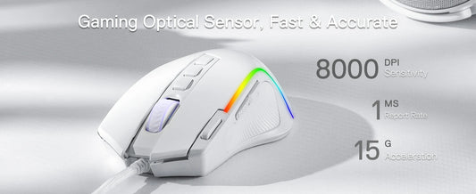 Redragon M612 Predator RGB Gaming Mouse 8000 DPI Wired Optical with 11 Programmable Buttons, White - MANDOTOS