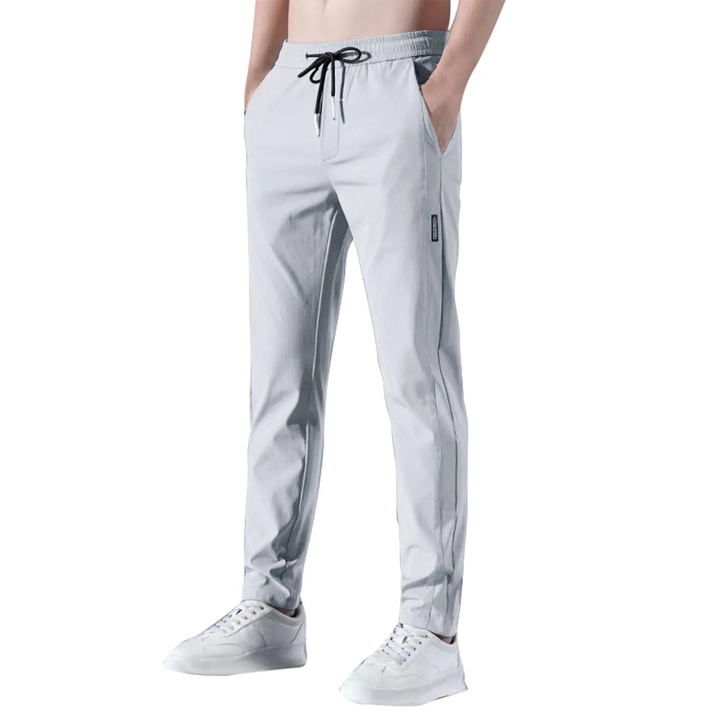Men Fast Dry Stretch Pants Ice Silk Trousers Solid Color Mid-Waist Loose Breathable Straight-Leg Casual Pants Thin Sports Pants
