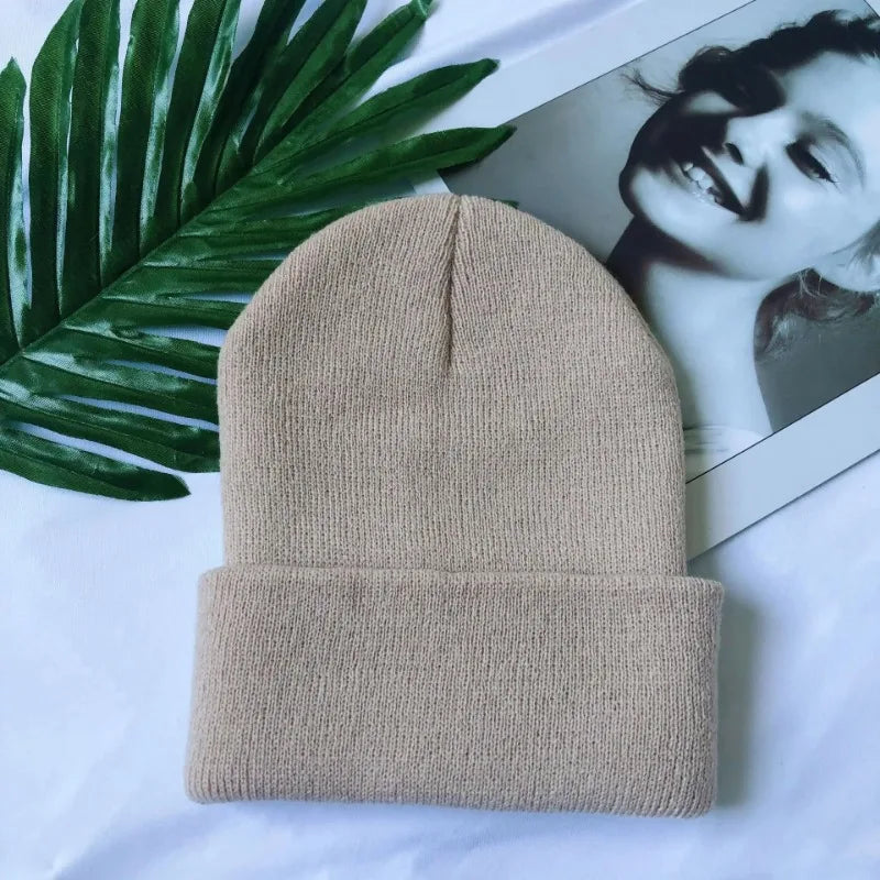 Women Men Fluorescent Color Warm Beanie Hat Autumn Winter Stretch Knitted Crochet Beanies Hat Cap Black Red White Navy Pink