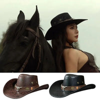 Fashion Bull Head Buckle Western Cowboy Hat Vintage Retro Faux Leather Cowboy Hat Jazz Hat For Men Women Unisex