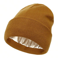 Unisex Satin Lined Beanie Hat For Women Winter Silk Lining Slouchy Warm Cuffed Skullies 2Layer Hair Cover Sleep Cap