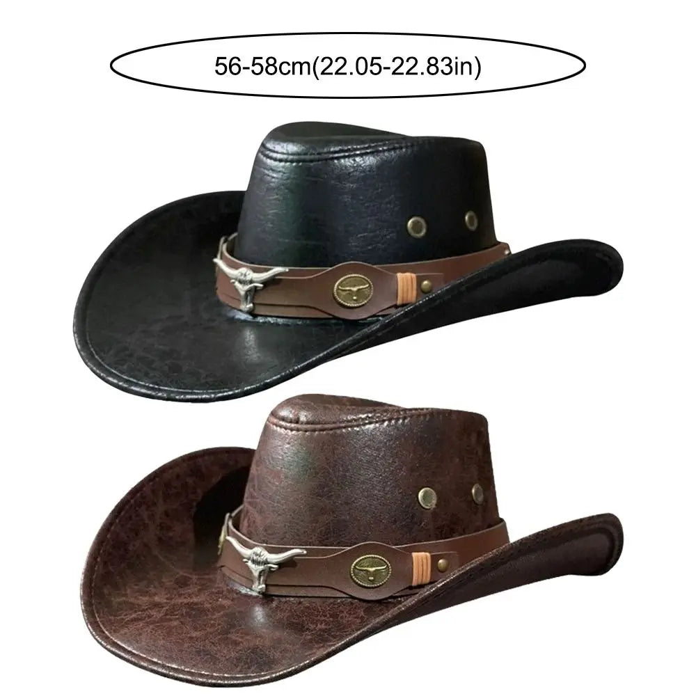 Fashion Bull Head Buckle Western Cowboy Hat Vintage Retro Faux Leather Cowboy Hat Jazz Hat For Men Women Unisex