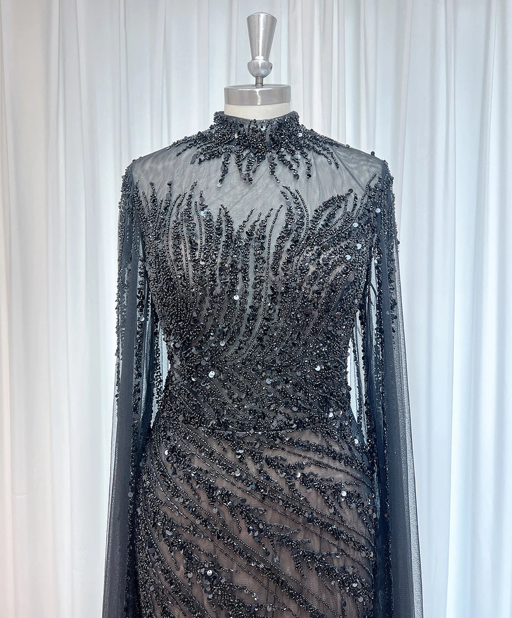 Eshaut&bridal Luxury Beaded Evening Dress Cape Sleeve Dubai Sheer Neck Mermaid Formal Prom Wedding Party Gown Customized 2026