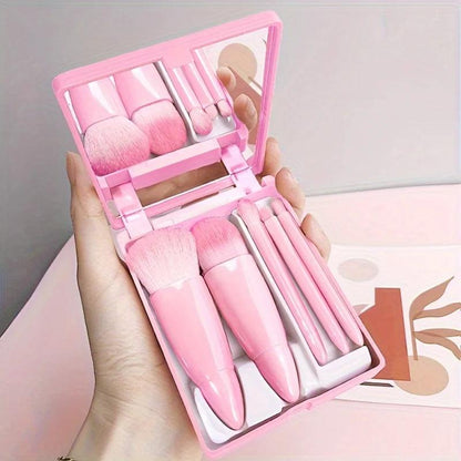 5Pcs Portable Makeup Brush Set With Mirror - Foldable Travel Kit ，Mini Makeup Brush Set Travel Makeup Brush Set - MANDOTOS