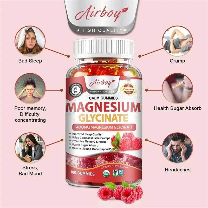 Magnesium Glycinate Gummies - Calm, Relieves Stress, Promotes Sleep, Support Memory, Concentration & Muscle Spasms - 120pcs
