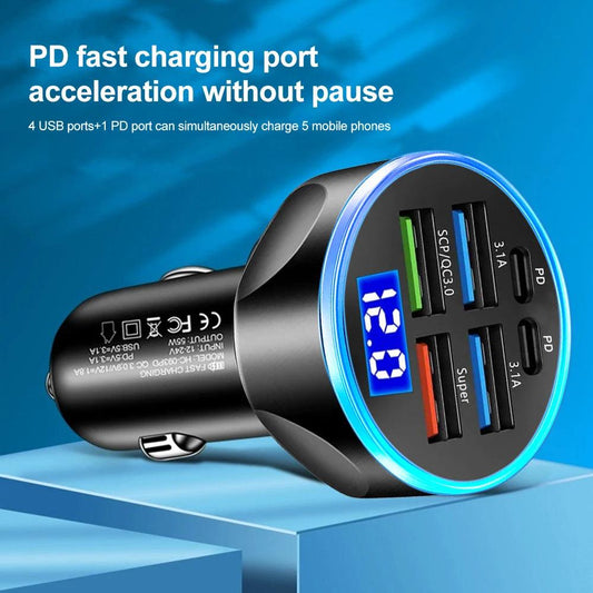 66-250W PD Car Charger QC3.0 Fast Charge with Digital Display 4USB and 2PD Ports for Car Cigarette Lighter Plug - MANDOTOS