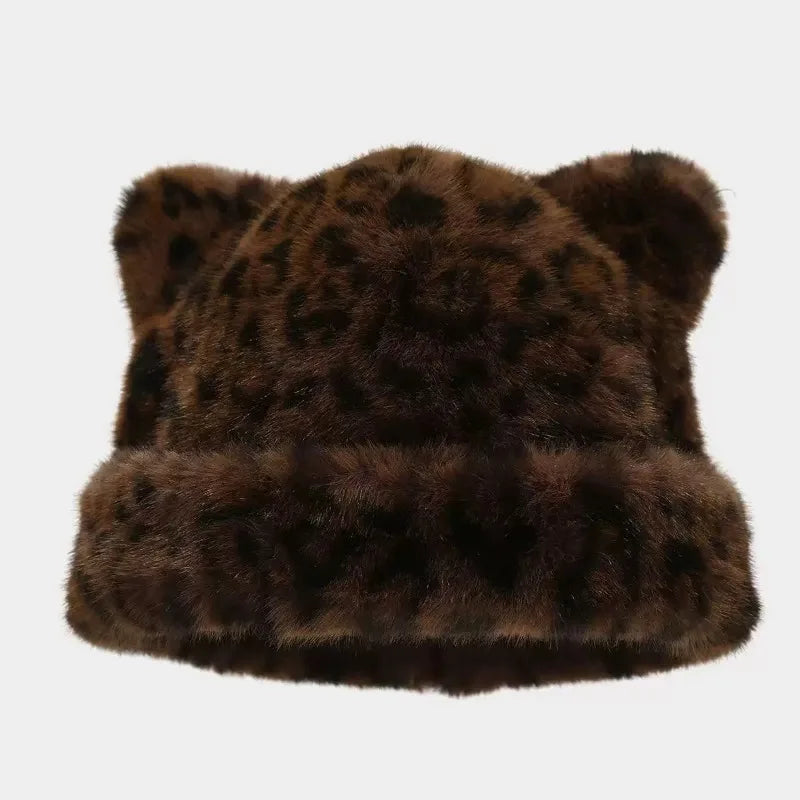Leopard print plush teddy bear hat for women, sweet and cute, thick and warm, retro and versatile, hooded beanie.