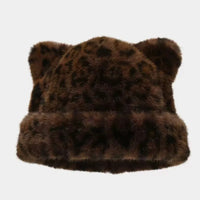 Leopard print plush teddy bear hat for women, sweet and cute, thick and warm, retro and versatile, hooded beanie.