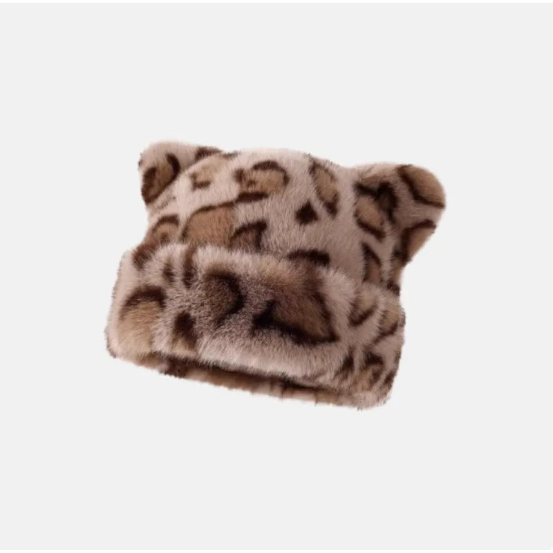 Leopard print plush teddy bear hat for women, sweet and cute, thick and warm, retro and versatile, hooded beanie.