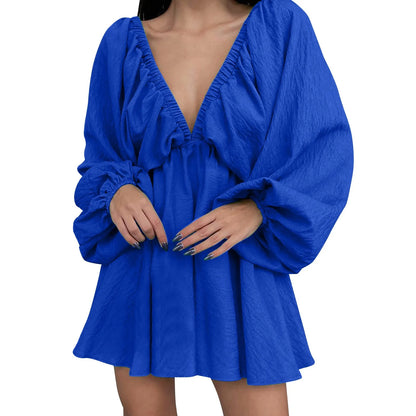 Deep V Neck Sexy Dress Temperament Retro Solid Color Pleated Dress Elegant Long Sleeve Large Size Casual Womens Dresses ropa - MANDOTOS