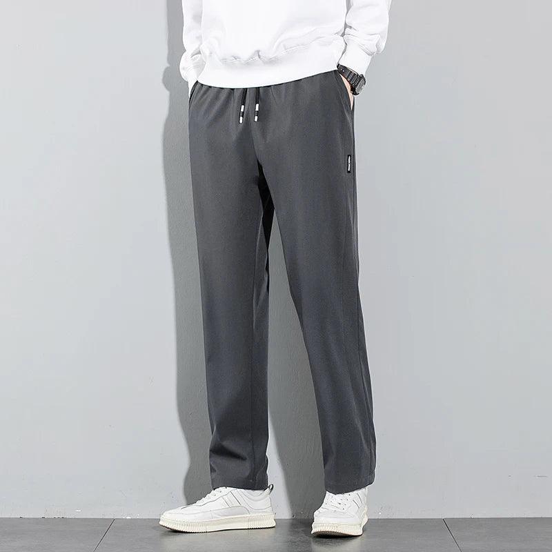 Ice Silk Men's Pants 2025 Summer New Black Gray Thin Business Casual Pants Outdoor Elastic Breathable Straight Leg Sweatpants - MANDOTOS