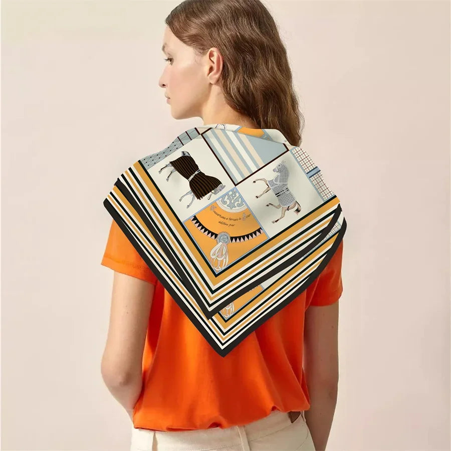 90x90cm New Design Horse Universe Printed Twill Silk Scarf Square Scarves Lady Wraps Kerchief Woman Neck Shawl Wraps