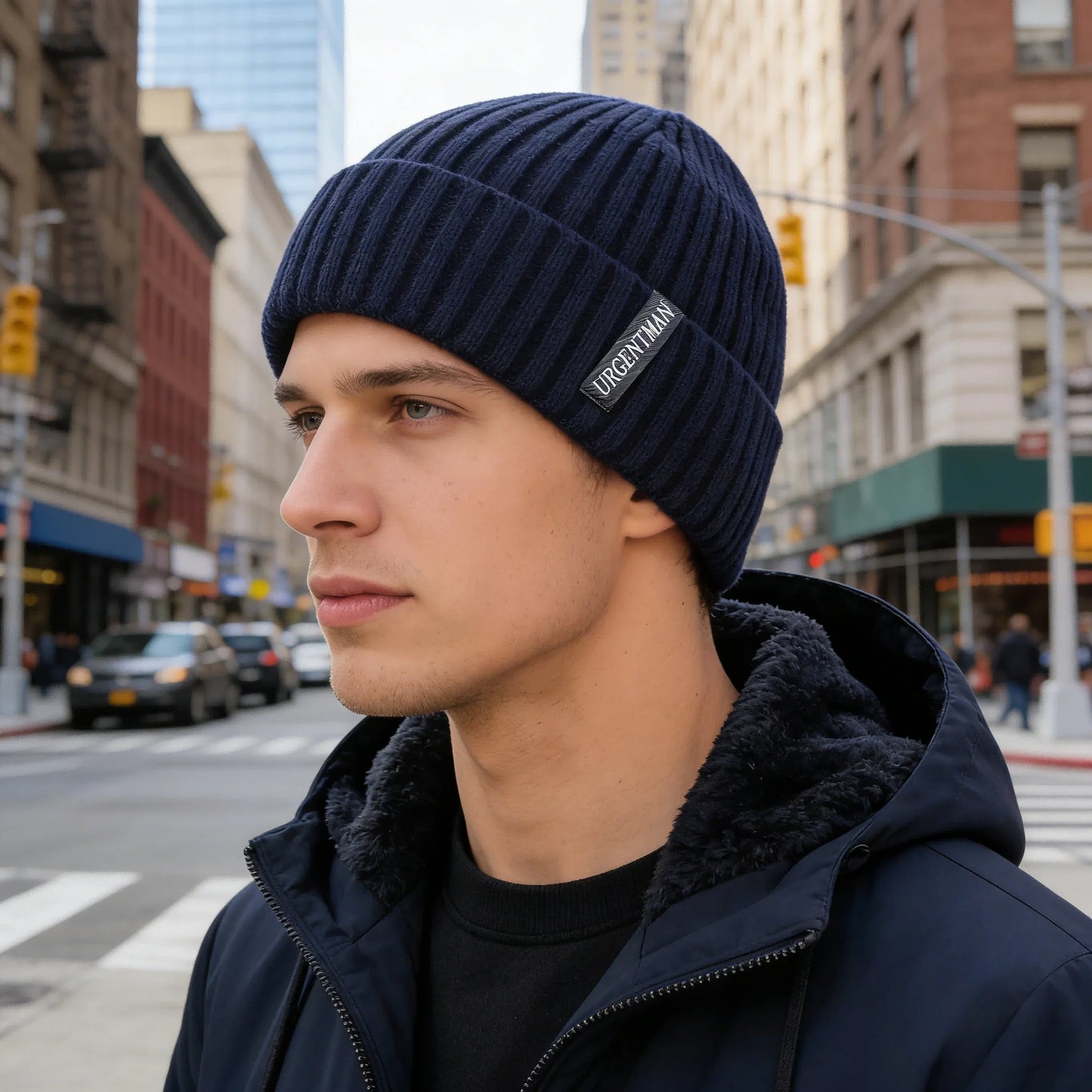 New Unisex URGENTMAN Warm Winter Hats Stylish Plush Fur Lined Beanie Hat Thick Knitted Hats For Men & Women Casual Caps