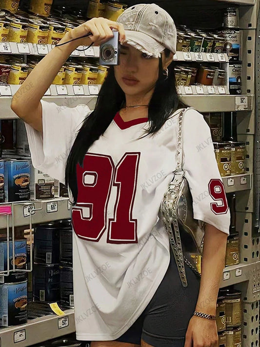 2025 Summer New Retro No.91 Printed T-Shirt For Women V-Neck Short Sleeve Sports Football Jersey Y2K Loose Oversized Tops - MANDOTOS