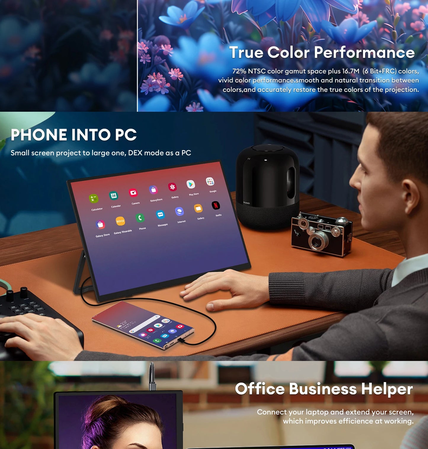 ZEUSLAP 15.6" FHD 100%sRGB 300Nits Ultra thin Back Stand Design Portable Monitor for Phone Gaming Laptop