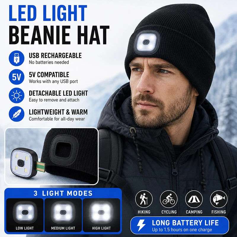 Winter Men Beanie Hat with LED Light Rechargeable Knitted Hat for Woman Cap Night Running Fishing Riding Sports Teenager Beanies