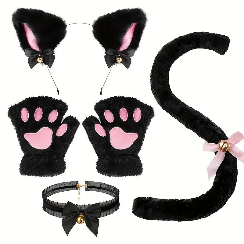 5Pcs Sets Cat Paw Gloves Winter Cute Cartoon Girl Open Finger Gloves Bell Headband Fox Cat Ear Headwear - MANDOTOS