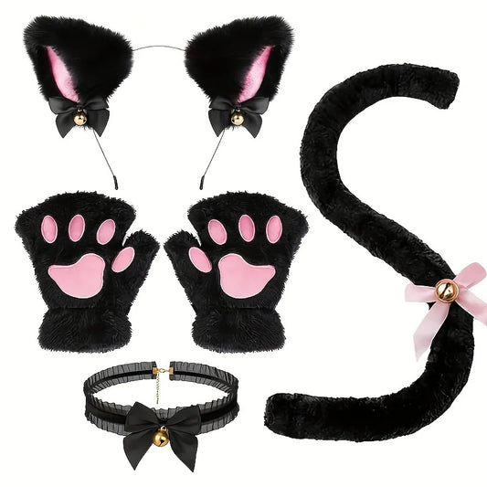 5Pcs Sets Cat Paw Gloves Winter Cute Cartoon Girl Open Finger Gloves Bell Headband Fox Cat Ear Headwear - MANDOTOS