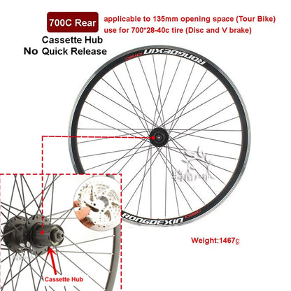 Cruiser Tour Bike Wheelset, Double Deck Rim, Front Wheel Disc, V Brake, Rear Back Wheels, Cassette and Screwed Hub, 36H, 700C