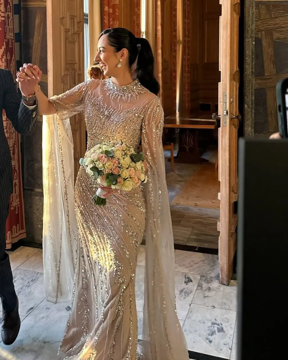 Eshaut&bridal Luxury Beaded Evening Dress Cape Sleeve Dubai Sheer Neck Mermaid Formal Prom Wedding Party Gown Customized 2026