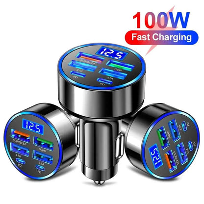 66-250W PD Car Charger QC3.0 Fast Charge with Digital Display 4USB and 2PD Ports for Car Cigarette Lighter Plug - MANDOTOS