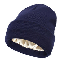 Unisex Satin Lined Beanie Hat For Women Winter Silk Lining Slouchy Warm Cuffed Skullies 2Layer Hair Cover Sleep Cap
