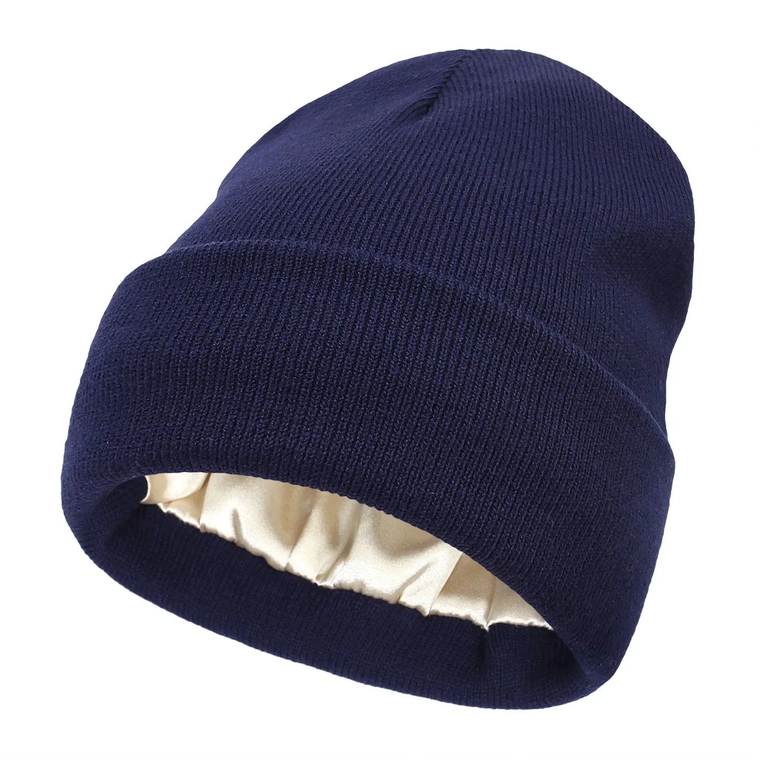 Unisex Satin Lined Beanie Hat For Women Winter Silk Lining Slouchy Warm Cuffed Skullies 2Layer Hair Cover Sleep Cap