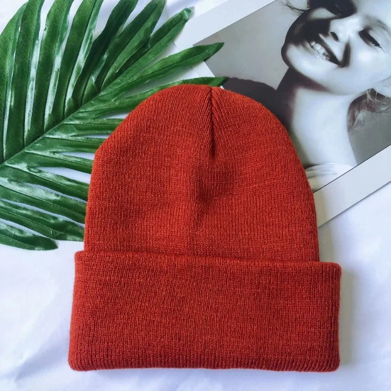 Women Men Fluorescent Color Warm Beanie Hat Autumn Winter Stretch Knitted Crochet Beanies Hat Cap Black Red White Navy Pink