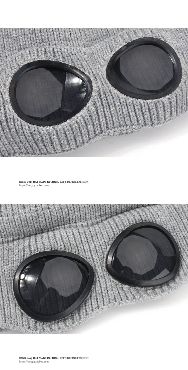 Brimless Hat With Goggles For Men And Women In Winter Hat Neutral Solid Color Skull Knitted Hat In Winter - MANDOTOS