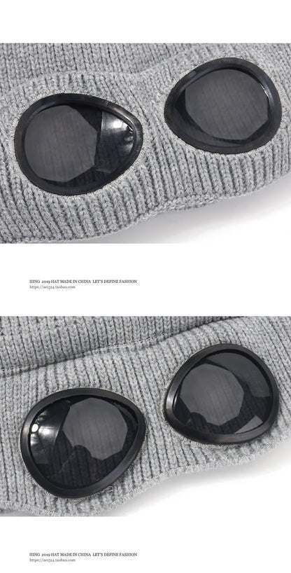 Brimless Hat With Goggles For Men And Women In Winter Hat Neutral Solid Color Skull Knitted Hat In Winter - MANDOTOS