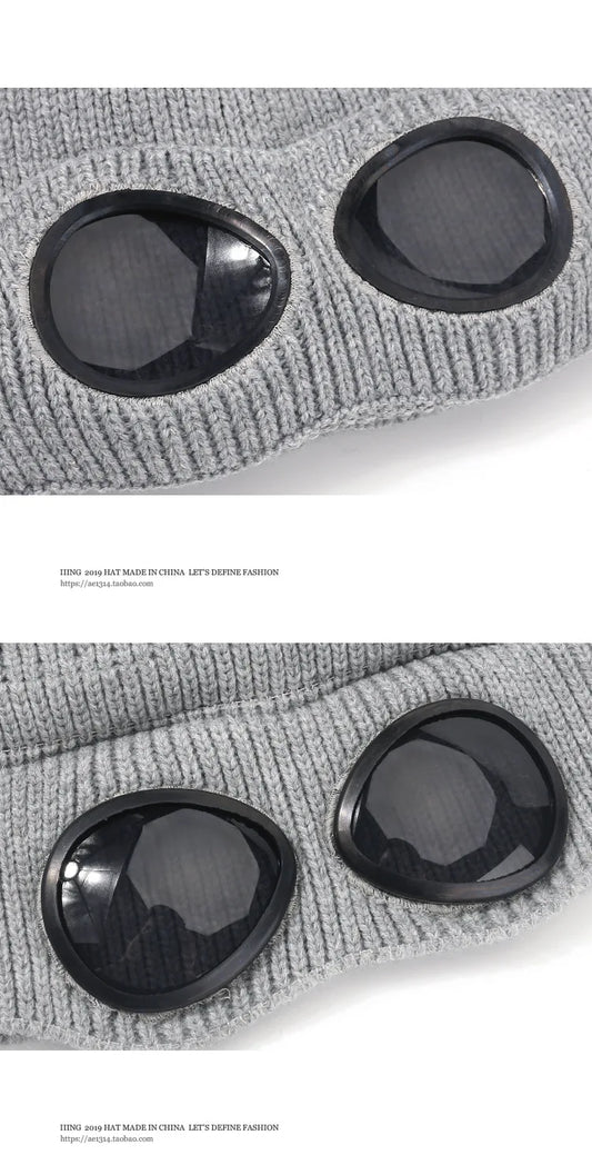 Brimless Hat With Goggles For Men And Women In Winter Hat Neutral Solid Color Skull Knitted Hat In Winter - MANDOTOS