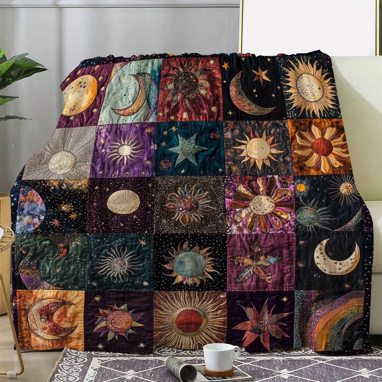 Vintage Celestial Sun and Moon Print Flannel Blanket - MANDOTOS