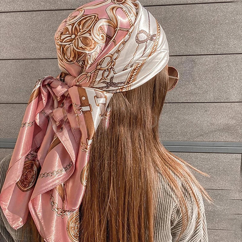 1pcs 90*90cm Square Silk Scarves Women Hijab Shawls Fashion Print Kerchief Femme Head Scarf Foulard Bandana Beach Head Scarf