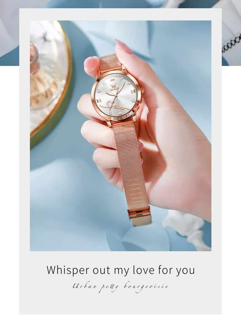OLEVS Luxury Fashion Ladies' Watches Rose Gold Top Brand Original Quartz Watch for Women Stainless Steel Mesh Strap Love Dial