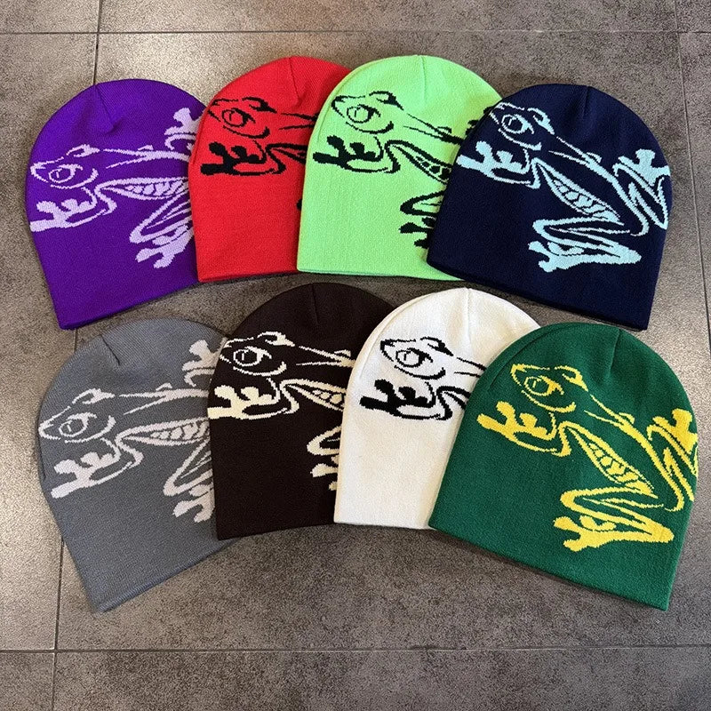 Tree Frog Print Beanie Men Women, Stretchy Knit Skull Cap for Outdoor Sports, Casual Streetwear, Unisex Cuffed Winter Hat