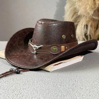 Fashion Bull Head Buckle Western Cowboy Hat Vintage Retro Faux Leather Cowboy Hat Jazz Hat For Men Women Unisex