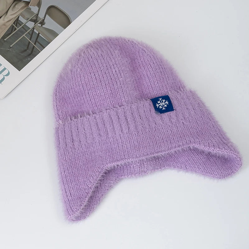 Hot Sale Women Earflap Winter Hat Candy Colors Fashion Faux Fur Knitted Hat Kpop Style Soft Beanie Hats Female Streetwear Cap