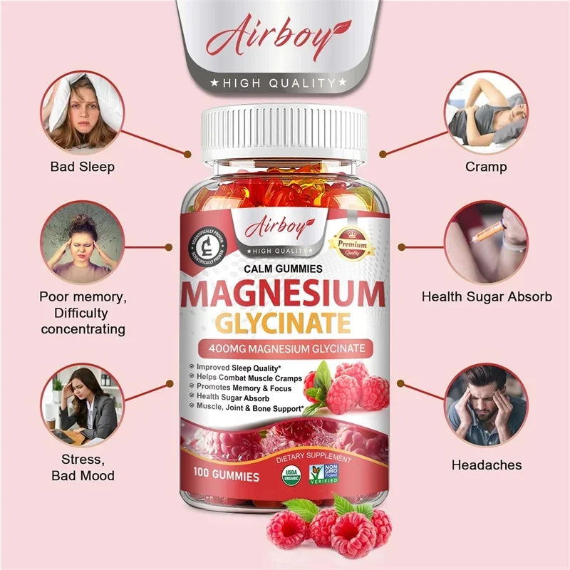 Magnesium Glycinate Gummies - Calm, Relieves Stress, Promotes Sleep, Support Memory, Concentration & Muscle Spasms - 120pcs