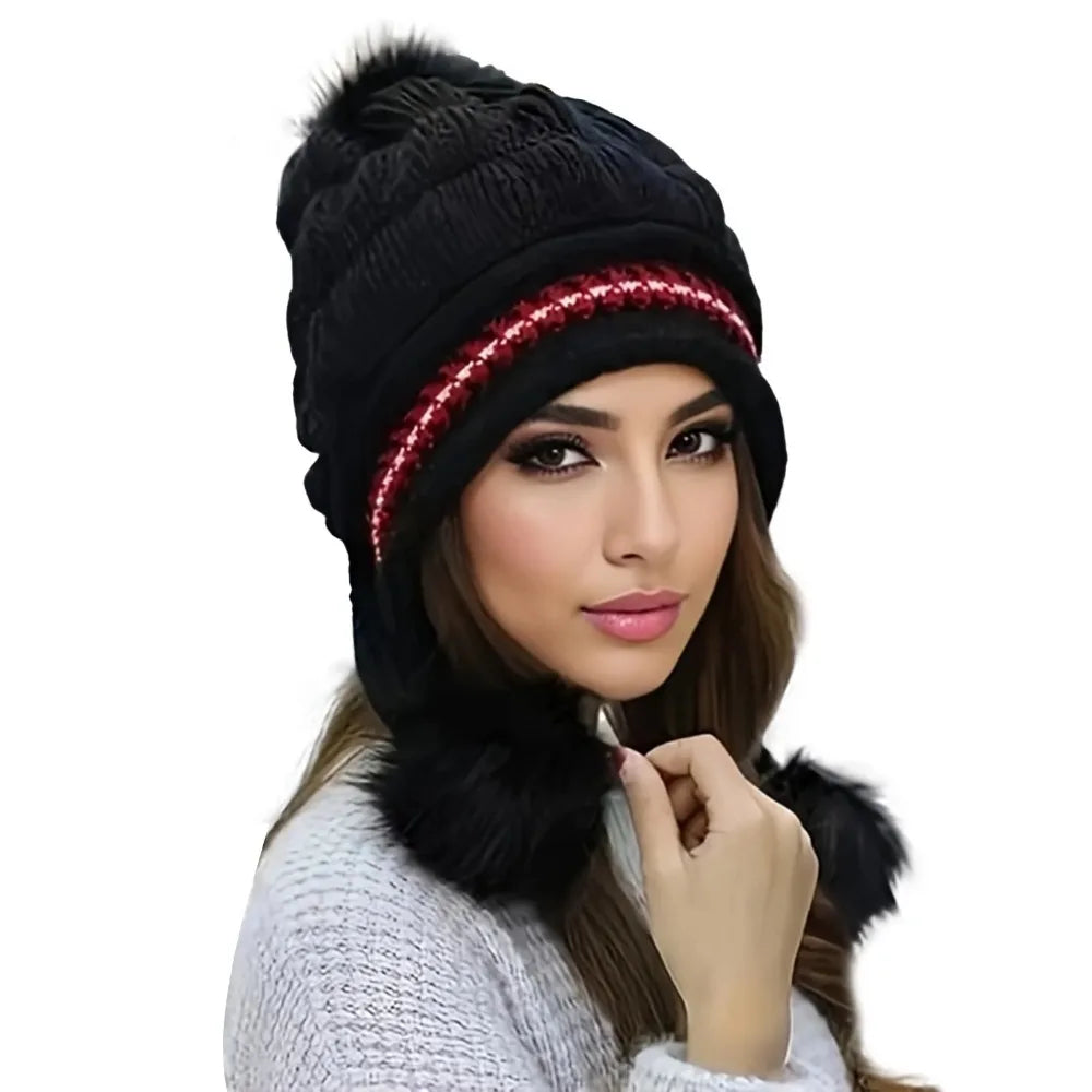 Soft Winter Warm Fur Hat Fleece Lined Earflap Hat For Women Knitted Beanie Casual Slouchy Thick Thermal Cap For Cold Weather