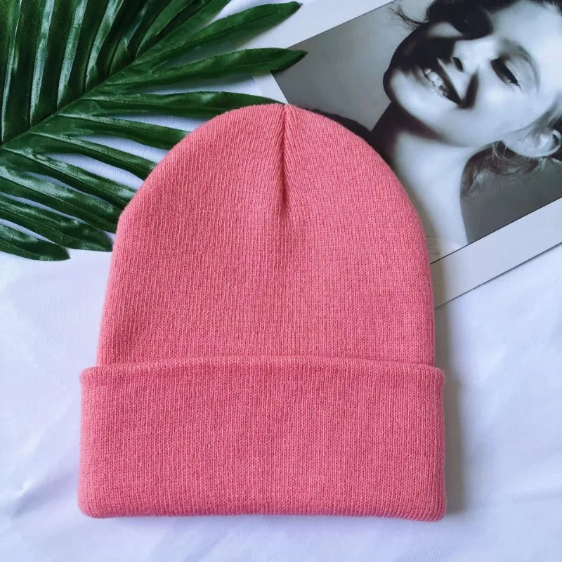 Women Men Fluorescent Color Warm Beanie Hat Autumn Winter Stretch Knitted Crochet Beanies Hat Cap Black Red White Navy Pink