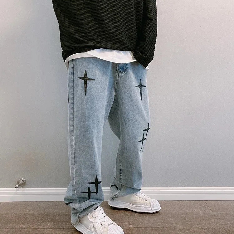 Boyfriend Vintage Fashion Straight Casual Loose Denim Cargo Pants Men Designer Prints Star Jeans Streetwear Loose Wide Leg Jeans