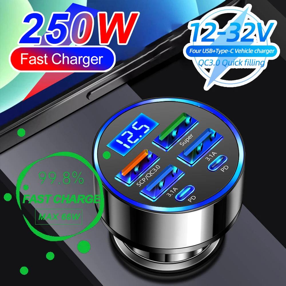 66-250W PD Car Charger QC3.0 Fast Charge with Digital Display 4USB and 2PD Ports for Car Cigarette Lighter Plug - MANDOTOS