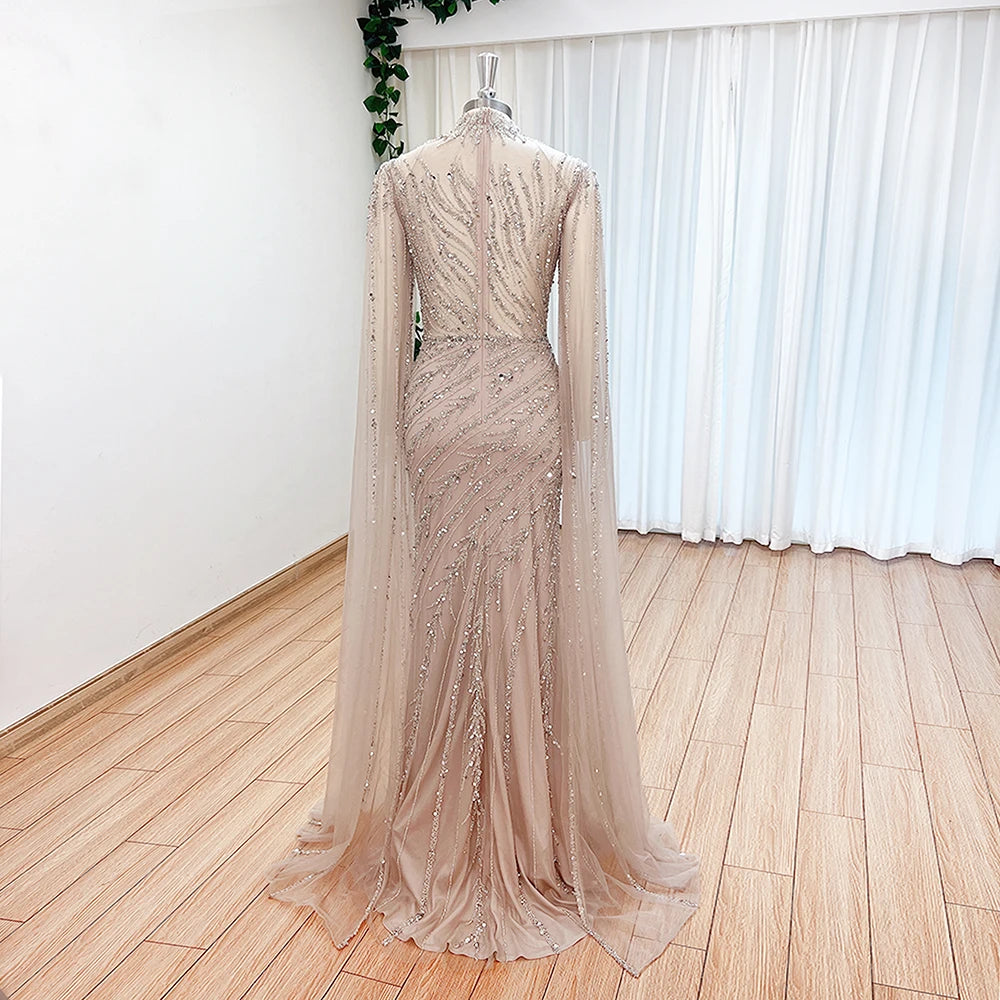 Eshaut&bridal Luxury Beaded Evening Dress Cape Sleeve Dubai Sheer Neck Mermaid Formal Prom Wedding Party Gown Customized 2026