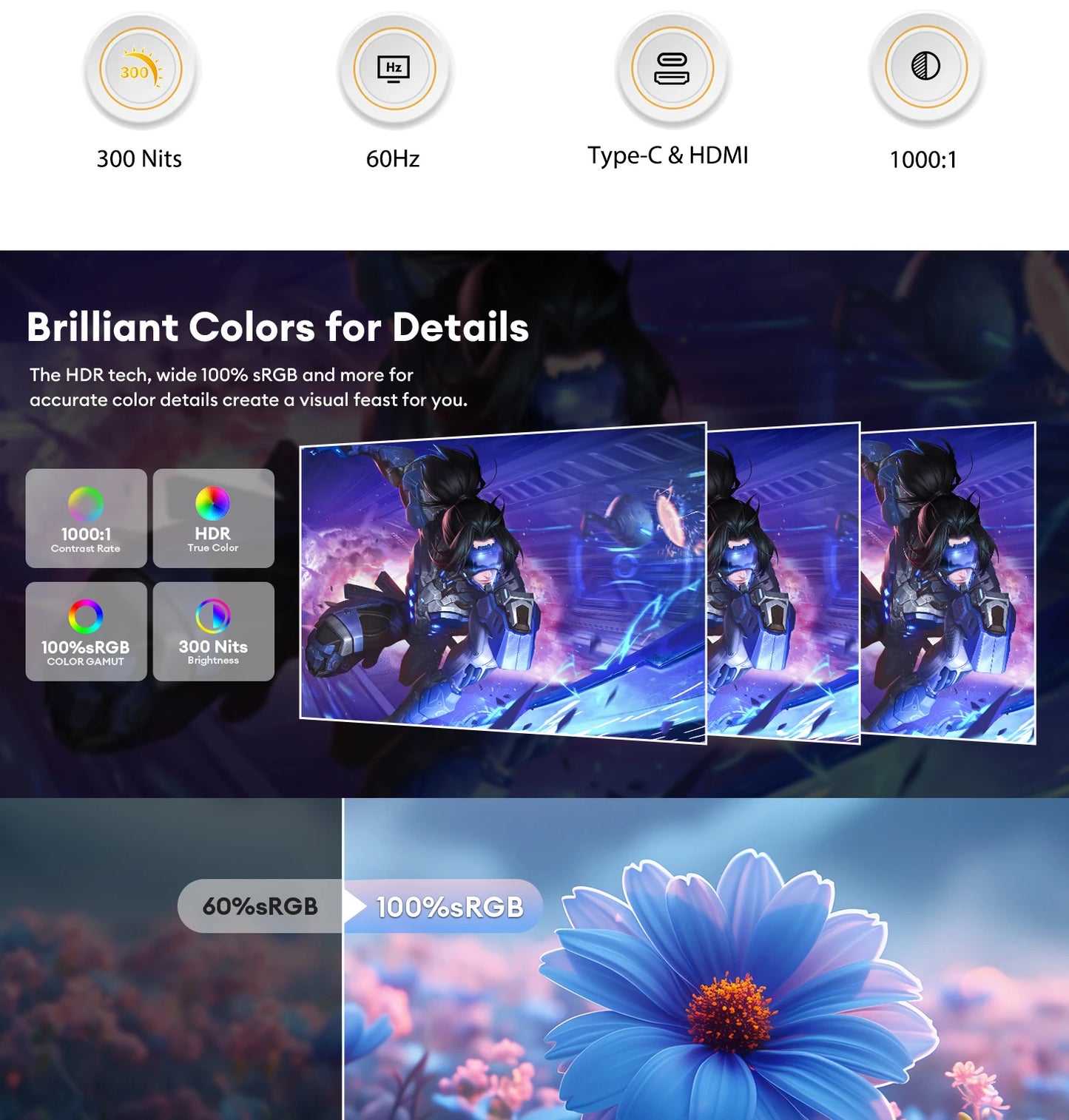 ZEUSLAP 15.6" FHD 100%sRGB 300Nits Ultra thin Back Stand Design Portable Monitor for Phone Gaming Laptop