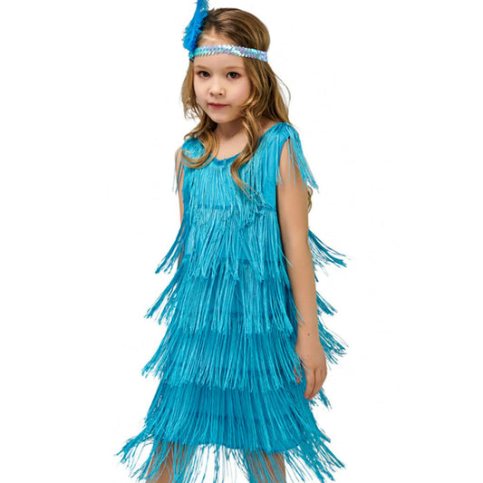 Girl Party Dress Girls Flapper Dress Carnival Sequins Fringe Latin Dance Dress Tassel Tango Dress Ballroom Costume With Feather - MANDOTOS
