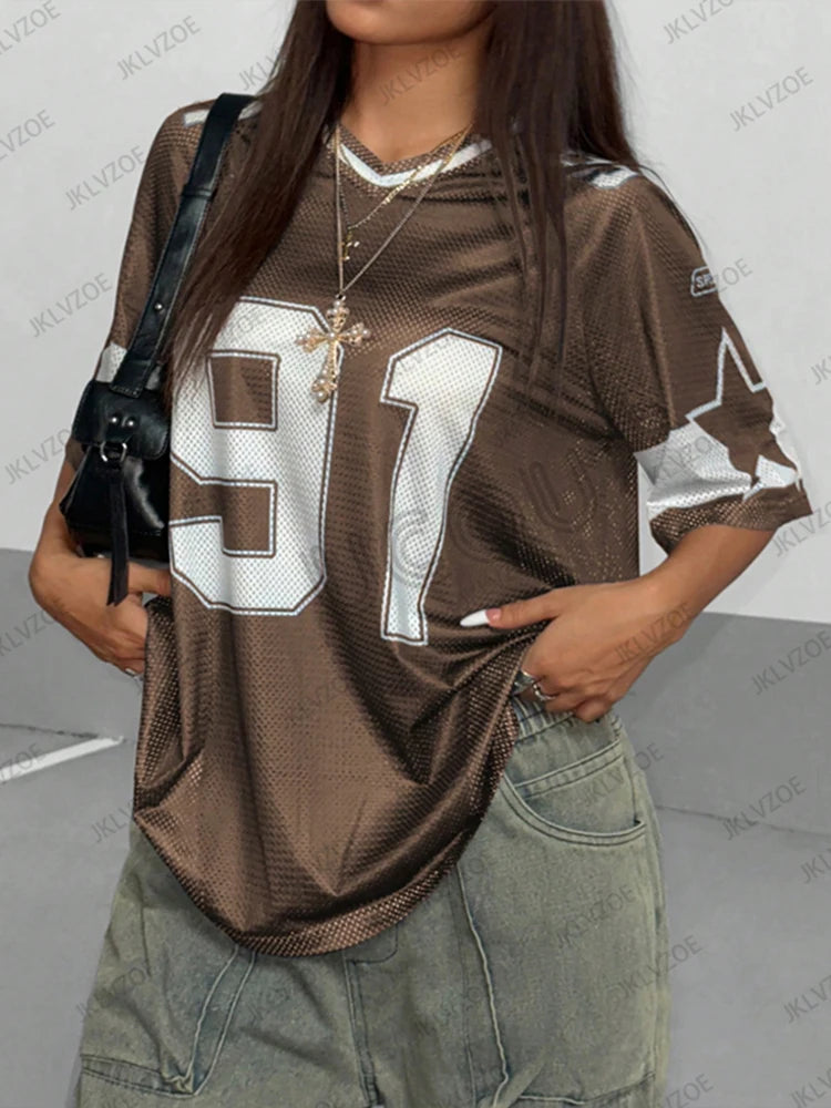 Summer New Black Speed 91 Print T-Shirt For Women V-Neck Patchwork Short Sleeve Sports Football Jersey Y2K Loose Oversized Tops - MANDOTOS