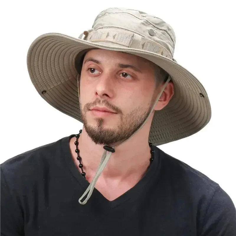 Summer Men's Wide Brim Bucket Hat UV Protection Panama Style Mesh Fisherman Beach Sun Hat for Outdoor Hunting Hiking