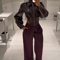 Coated Women Cinched-waist Leather Jacket RetroCasual Lapel Full Sleeve Zipper Bomber Coats Lady Daily High Street Outwear 2026