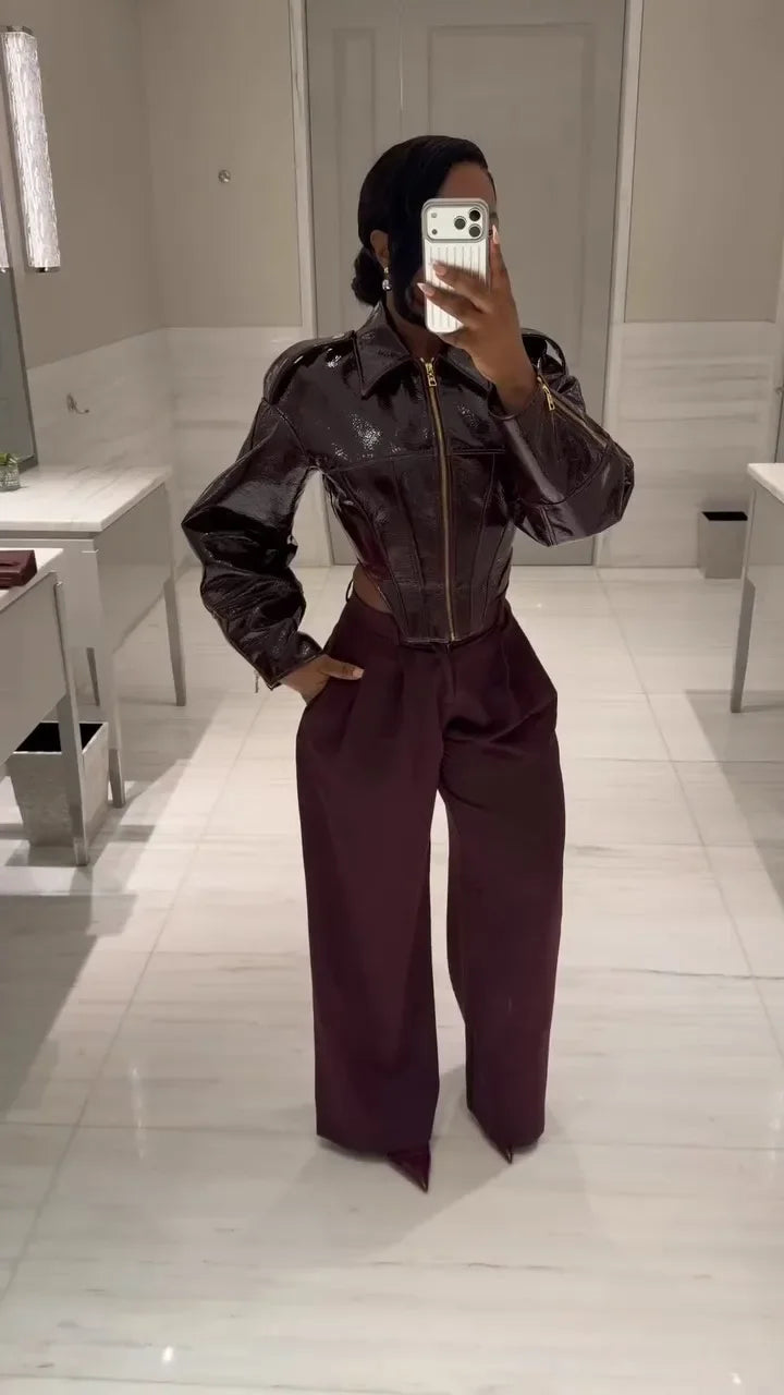 Coated Women Cinched-waist Leather Jacket RetroCasual Lapel Full Sleeve Zipper Bomber Coats Lady Daily High Street Outwear 2026