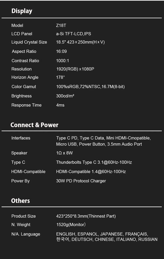 ZEUSLAP 18.5" Touch Screen Portable Monitor 100Hz 100% sRGB With Screen Holder Stand For Laptop Phone Xbox PS4 PS5 Switch